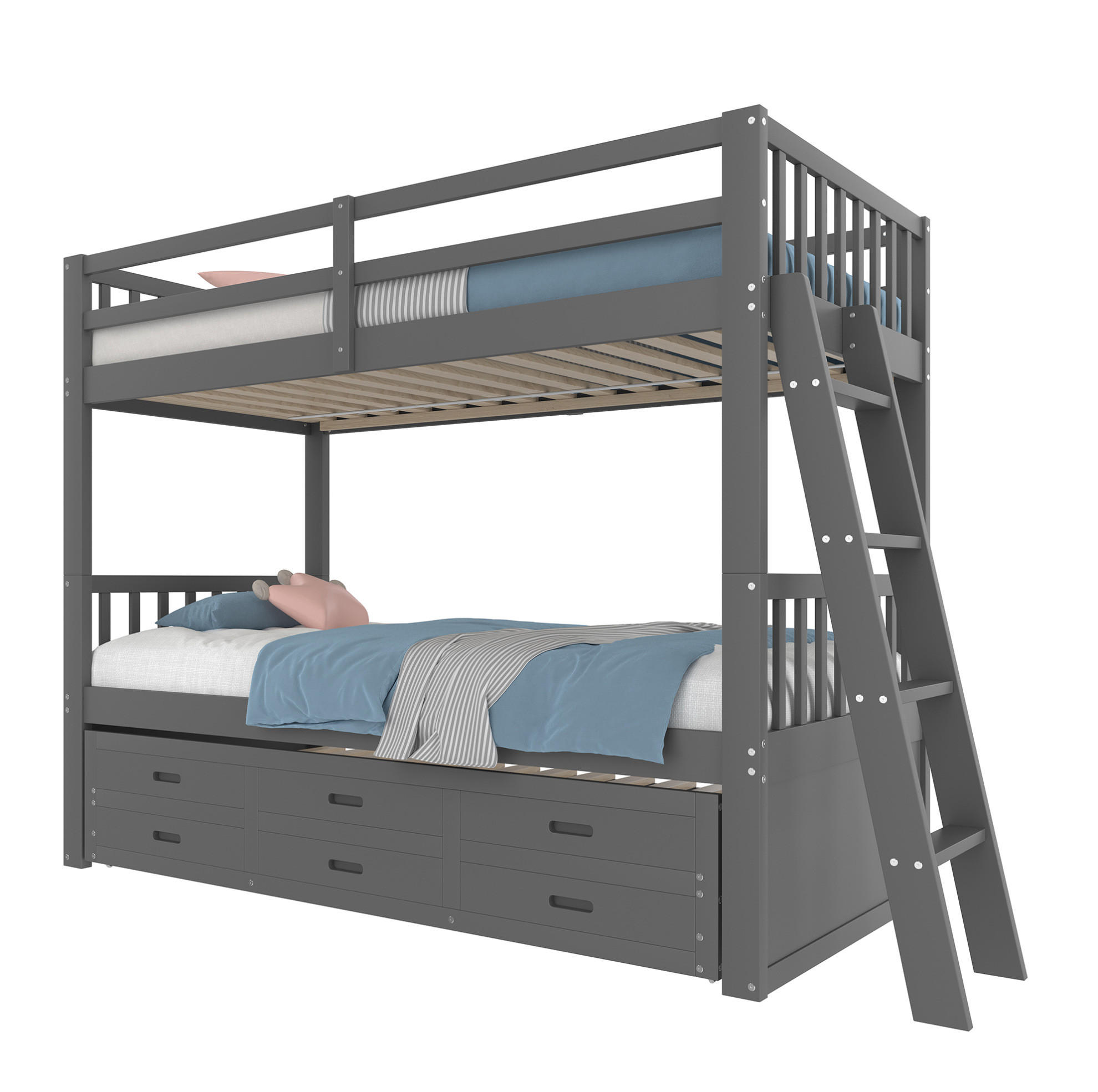 ETAGENBETT 90/200 cm aus Kiefer und MDF mit Ausziehbett und 3 Schubladen Grau - Grau, Holz (90/200cm) - Modenvie