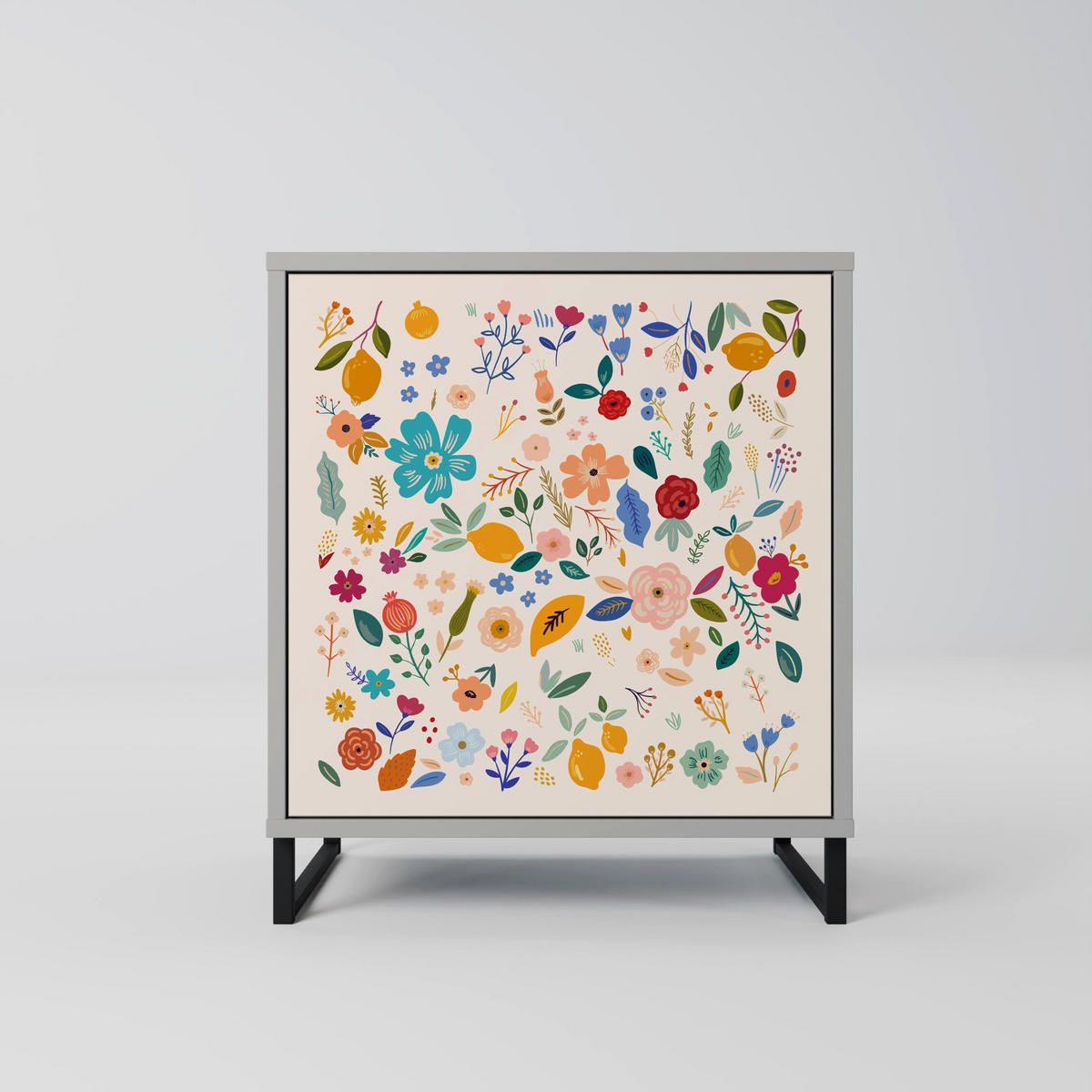 SIDEBOARD FLORAL COMBINATION, Grau, 57,5x42x57,5 cm, Ohne Füße - Multicolor/Grau, Holzwerkstoff (57.5/57.5/42cm) - SpaceRebels