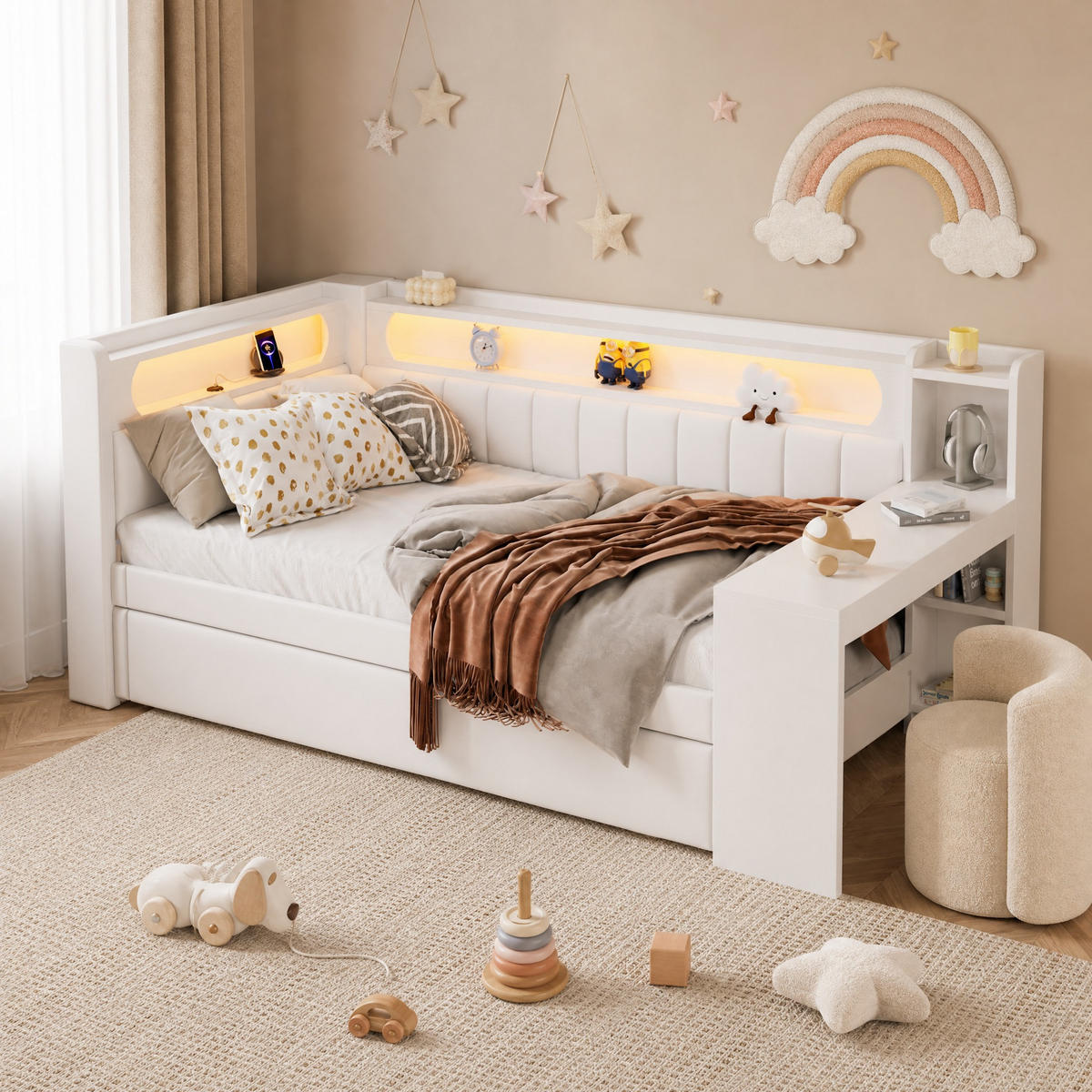 JUGENDBETT 90/200 mit Ausziehbett, Schreibtisch und LED in Weiß - Weiß, Holzwerkstoff/Textil (90/200cm) - EVRYAE