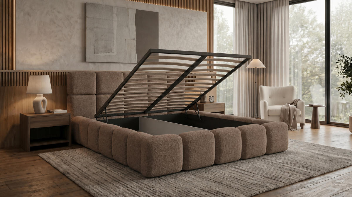 POLSTERBETT LOMBA 200x200 cm mit Bettkasten und Metall-Lattenrost – Bouclé Stoff Arena Taupe - Taupe, Textil (200/200cm) - Luxkor24