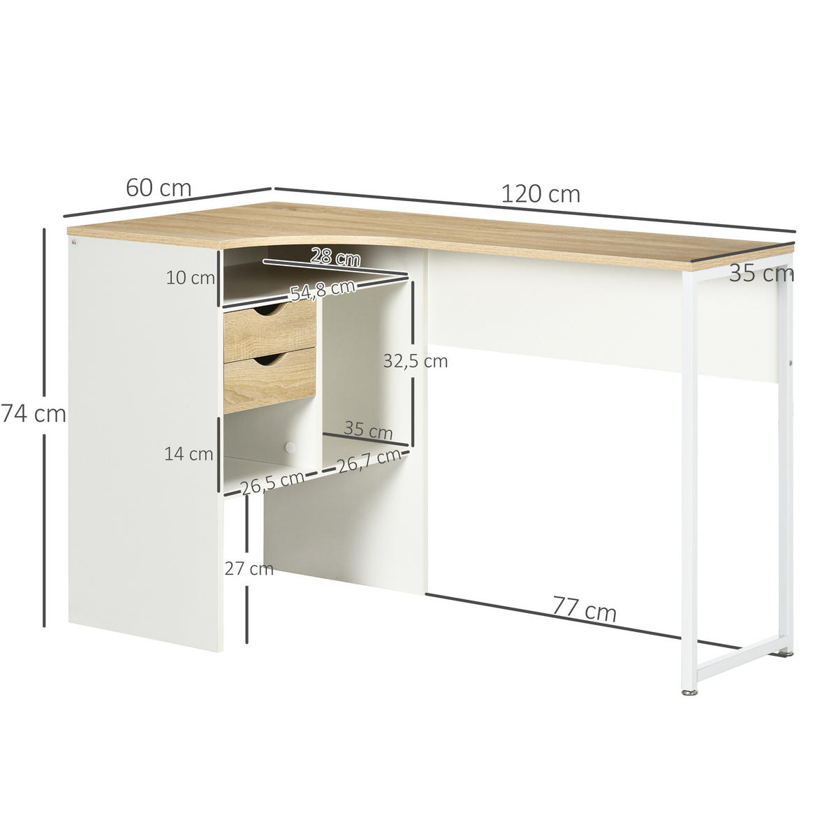 ECKSCHREIBTISCH Eiche-Optik hell mit 2 Schubladen und 3 Fächern 120/60/74 cm - Weiß, Holzwerkstoff (60/120/74cm) - PANGIVO