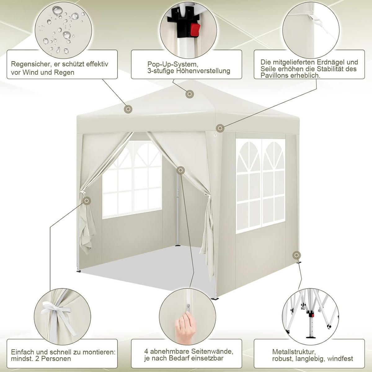 PAVILLON 2x2m mit 4 Seitenwänden UPF 50+ UV Schutz Beige - Beige, Kunststoff/Metall (200/240/200cm) - Woltu