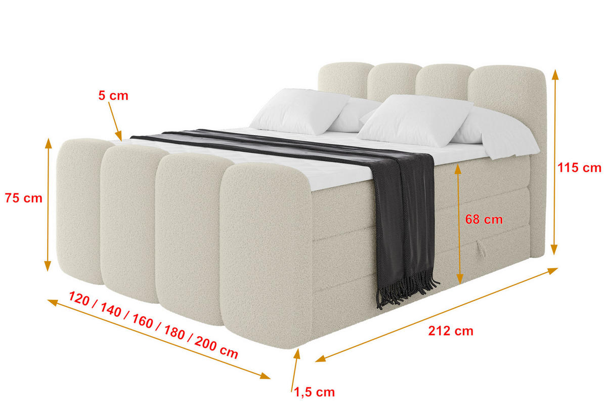 BOXBETT mit Matratze H3|H4 - NINA-Z KING - 160x200 cm - Beige - Sandfarben, Holzwerkstoff (160/200cm) - ALTDECOR