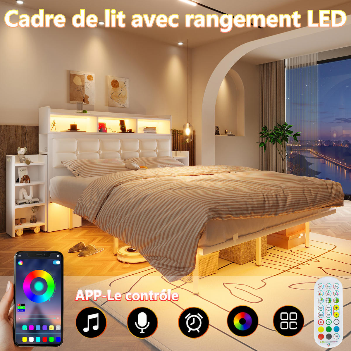 BETT 140x190 cm LED USB Ablage weiß - Weiß, Metall (140/190cm) - LEBENLANG