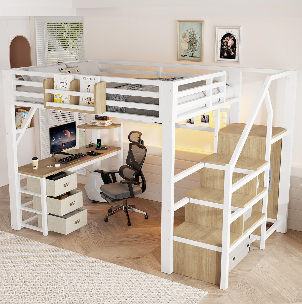 HOCHBETT 140/200 cm Weiß mit Treppenschrank und Schreibtisch - Weiß, Metall (140/200cm) - MIVRAY