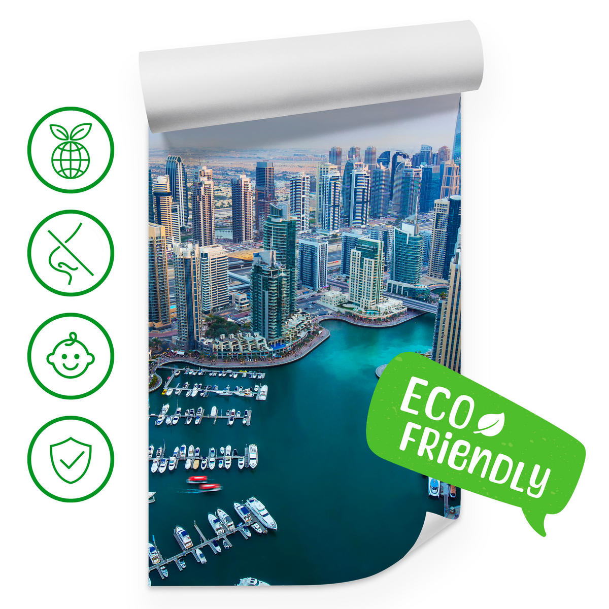 FOTOTAPETE für Wohnzimmer Dubai Vogelperspektive Wolkenkratzer 450x315 - Türkis/Blau, Papier (450/315cm) - Muralo