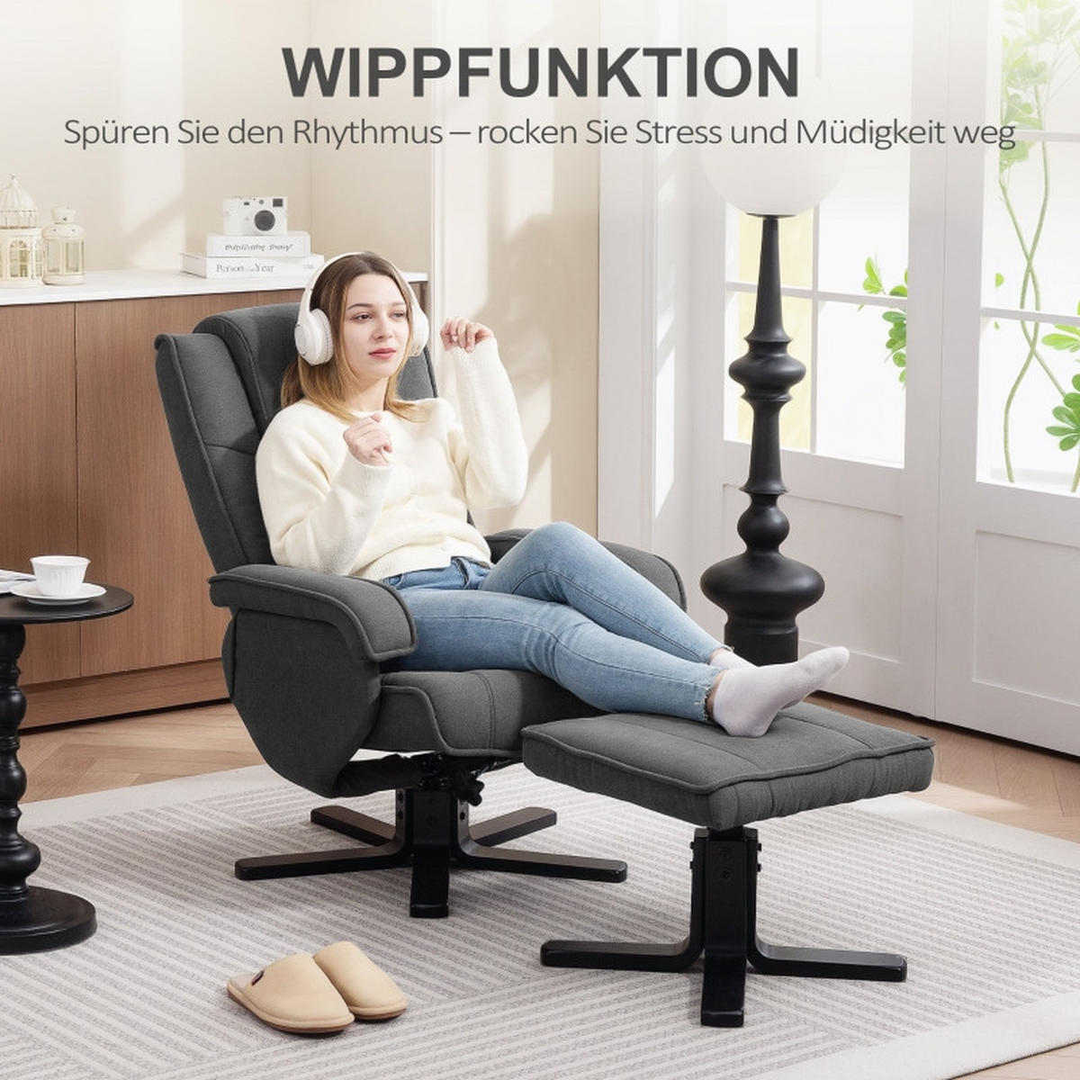 RELAXSESSEL Polyester mit Hocker 360° drehbar, 135° verstellbar 67/87/96 cm Dunkelgrau - Dunkelgrau, Textil (67/96/87cm) - Redom