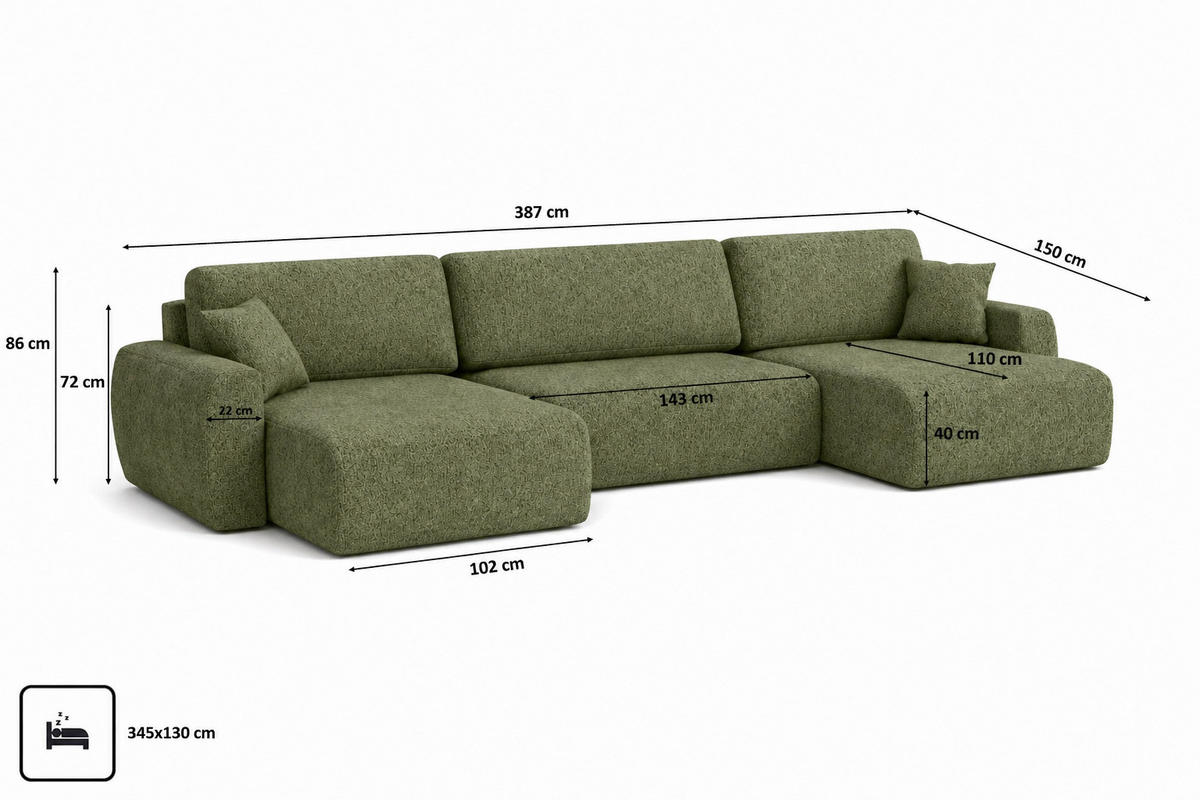 ECKSOFA Mit Schlaffunktion Und Bettkasten U-Form Ariel U XL, Chenille-Stoff Artico, Moss - Hellgrün, Holz (387/142cm) - Kaiser Möbel