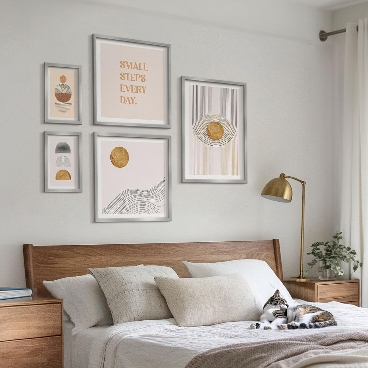 BILDER SET 5er Set - 50x50 cm & 20x30 cm & 40x60 cm Silberner Rahmen - Herbstfarben Seerosenteich - Silberfarben, Kunststoff (40/60cm) - TULUP