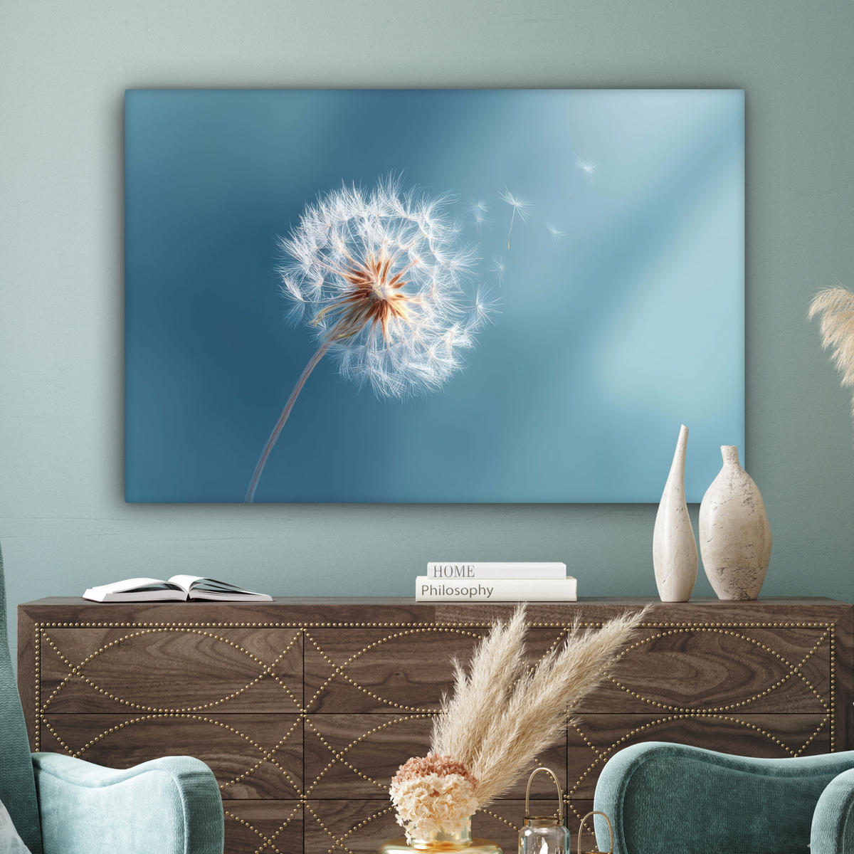 LEINWANDBILD Löwenzahn - Wind - Blau Wohnzimmer Groß 120x80 cm - Blaugrau, Textil (120/80cm) - MuchoWow