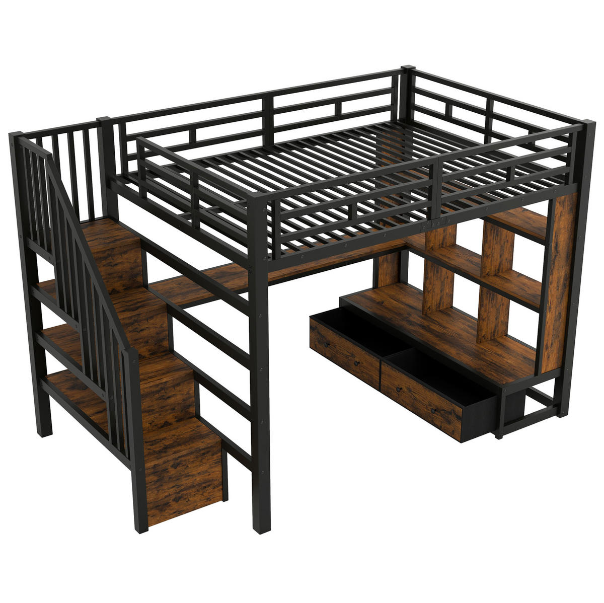 HOCHBETT aus MDF und Metall 140x200 cm Schwarz mit Schreibtisch, Regalen, Stauraumtreppe, LED und Schubladen - Schwarz, Holzwerkstoff (140/200cm) - Modfu