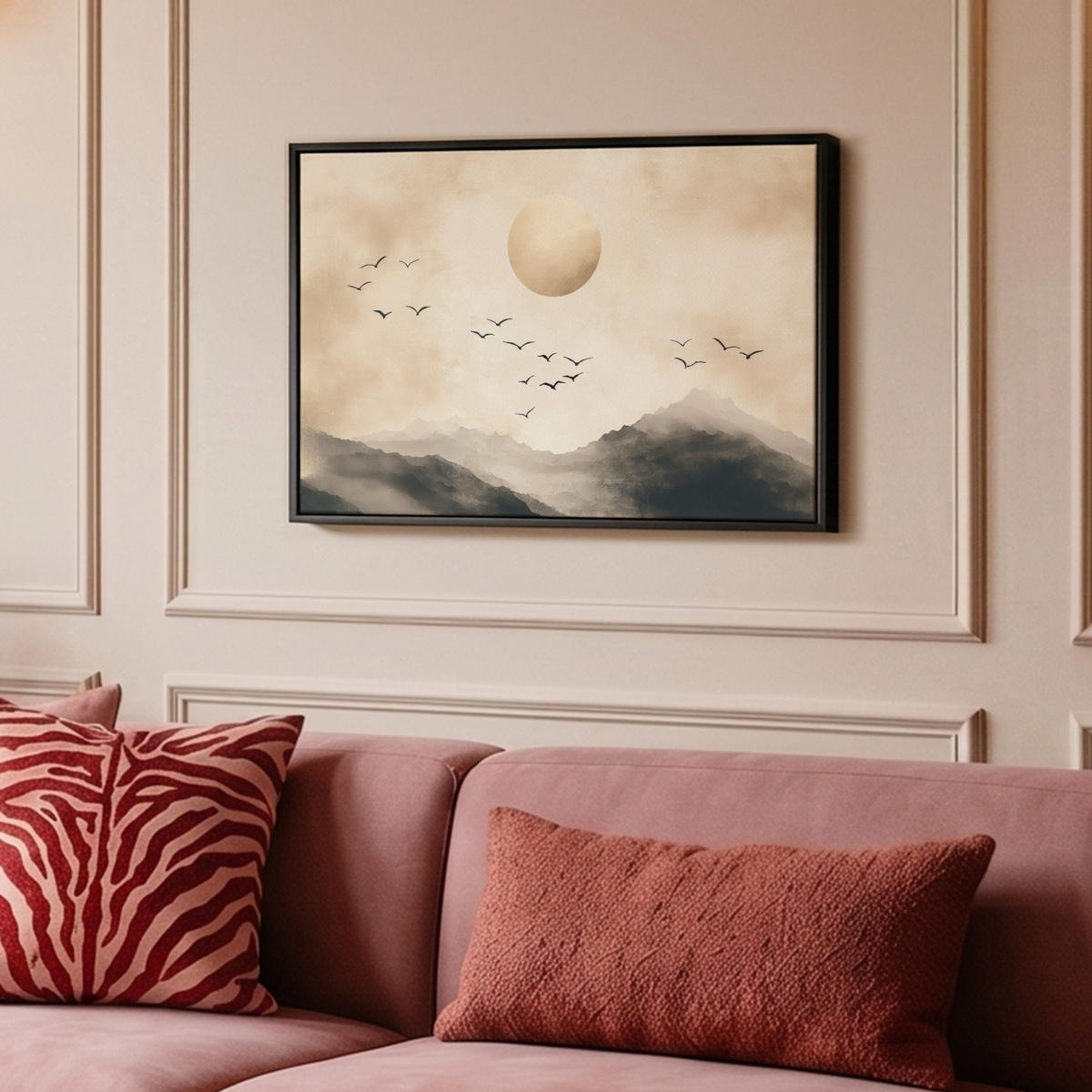 LEINWAND Bilder mit Rahmen - Landschaft - Japandi - Vogel - 60x40 - Beige, Textil (60/40cm) - MuchoWow
