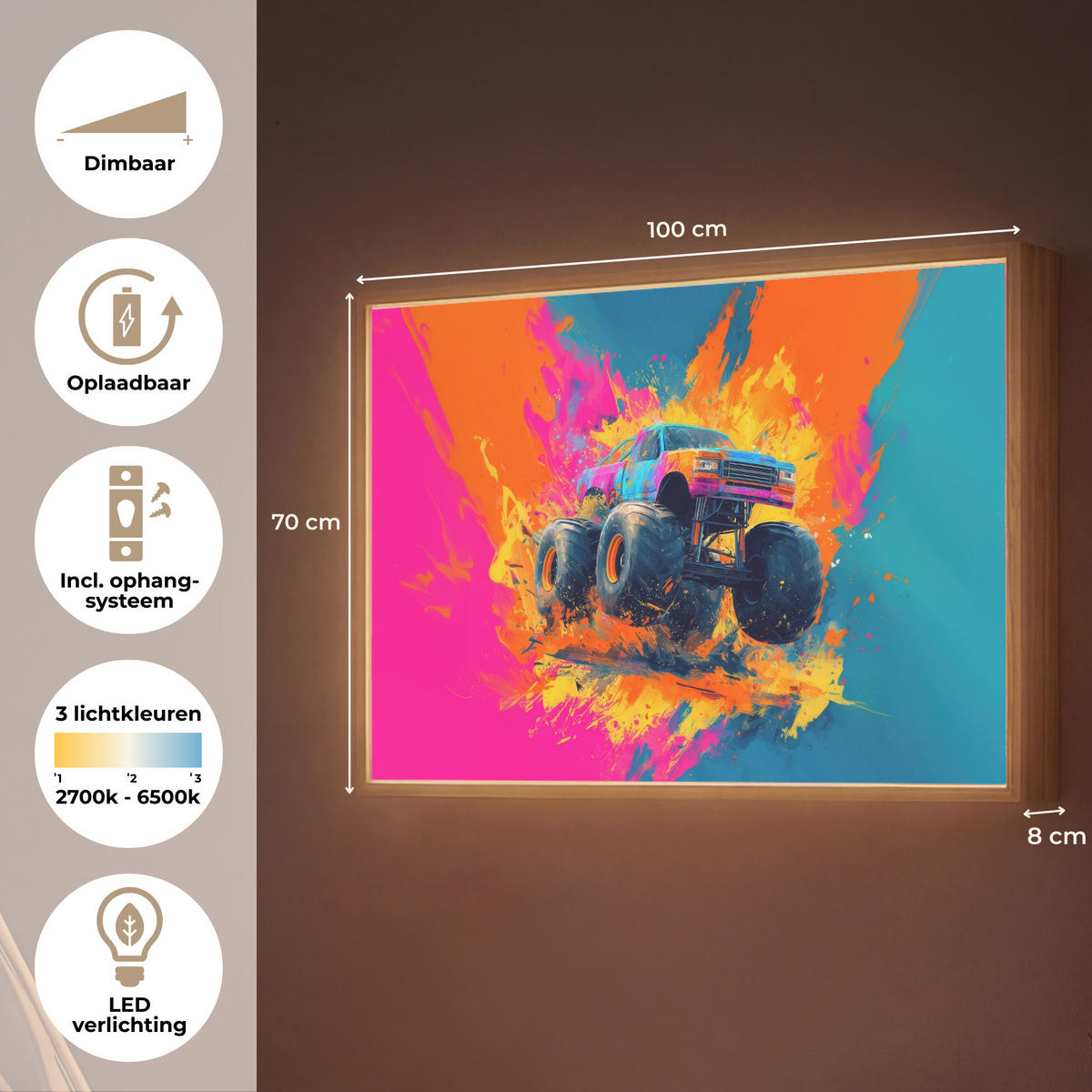 NÁSTĚNNÁ LAMPA S AKUMULÁTOREM Monster truck - Abstraktní - Stříkající barva - Barevné 100x70 cm - růžová, kompozitní dřevo (100/70/8cm) - OnlyWow