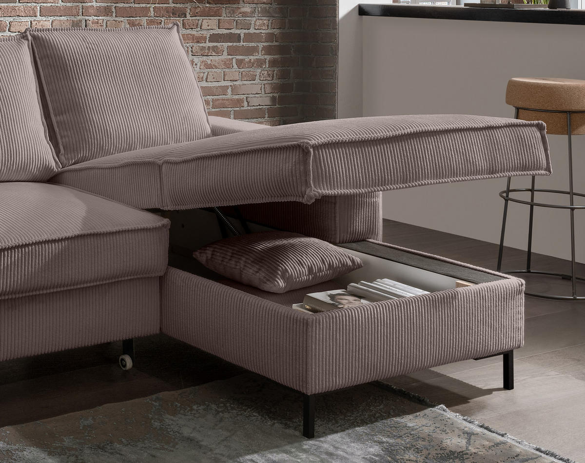 ECKSOFA mit Schlaffunktion, Bettkasten, Wellenunterfederung, Récamiere rechts B240/T150/H92 cm, Liegefl. 125x198 cm, Cord Braun Taupe / 17222 - Taupe/Schwarz, Textil/Metall (240/150cm) - luma-home