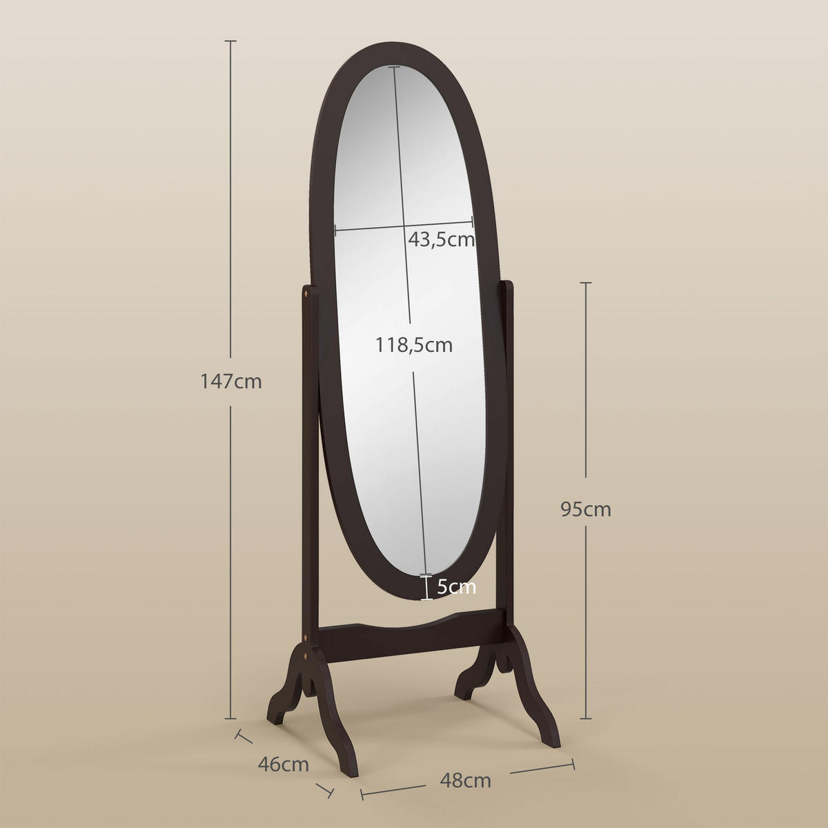 STANDSPIEGEL DE-17941 ovales Design mit verstellbarem Winkel Kaffee - Braun, Holzwerkstoff (48/147/46cm) - ComfortXL