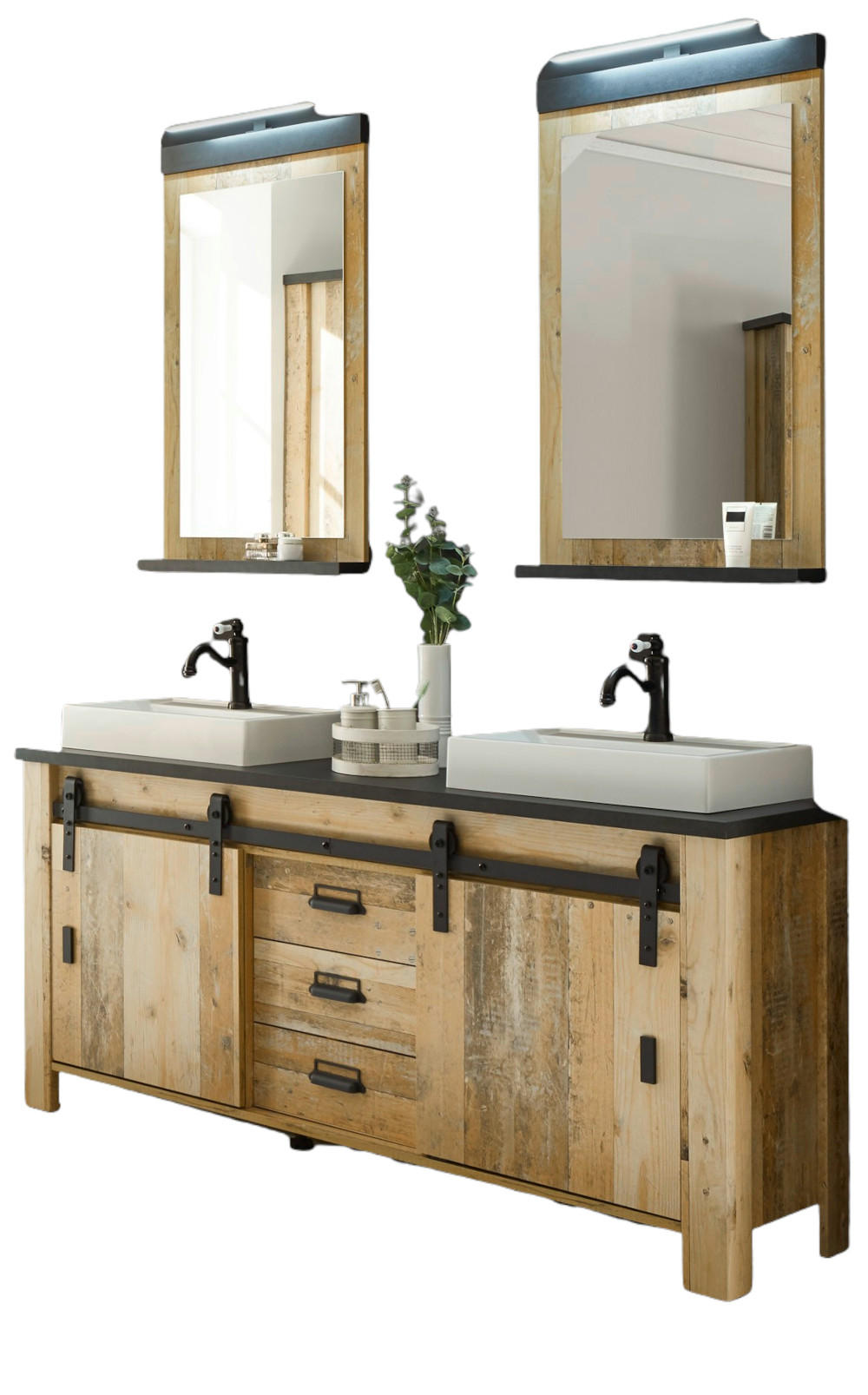 BADMÖBEL-SET Used Wood hell, anthrazit, Doppelwaschtisch mit Waschbecken LED Spiegellampe Stove - Eichefarben/Anthrazit, Holzwerkstoff/Metall (163/210/43cm) - Furn.Design