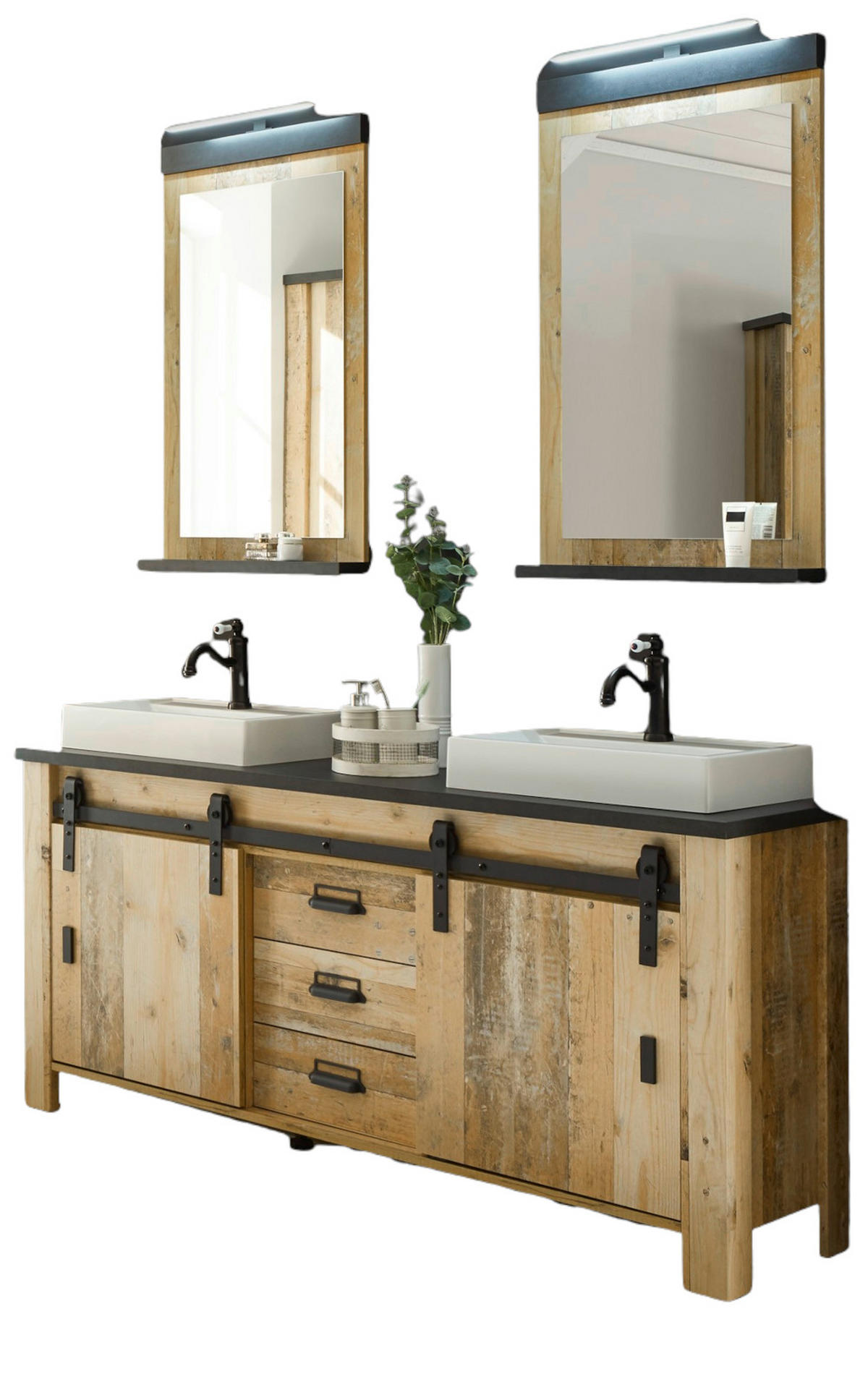 BADMÖBEL-SET Used Wood hell, anthrazit, Doppelwaschtisch mit Waschbecken LED Spiegellampe Stove - Eichefarben/Anthrazit, Holzwerkstoff/Metall (163/210/43cm) - Furn.Design