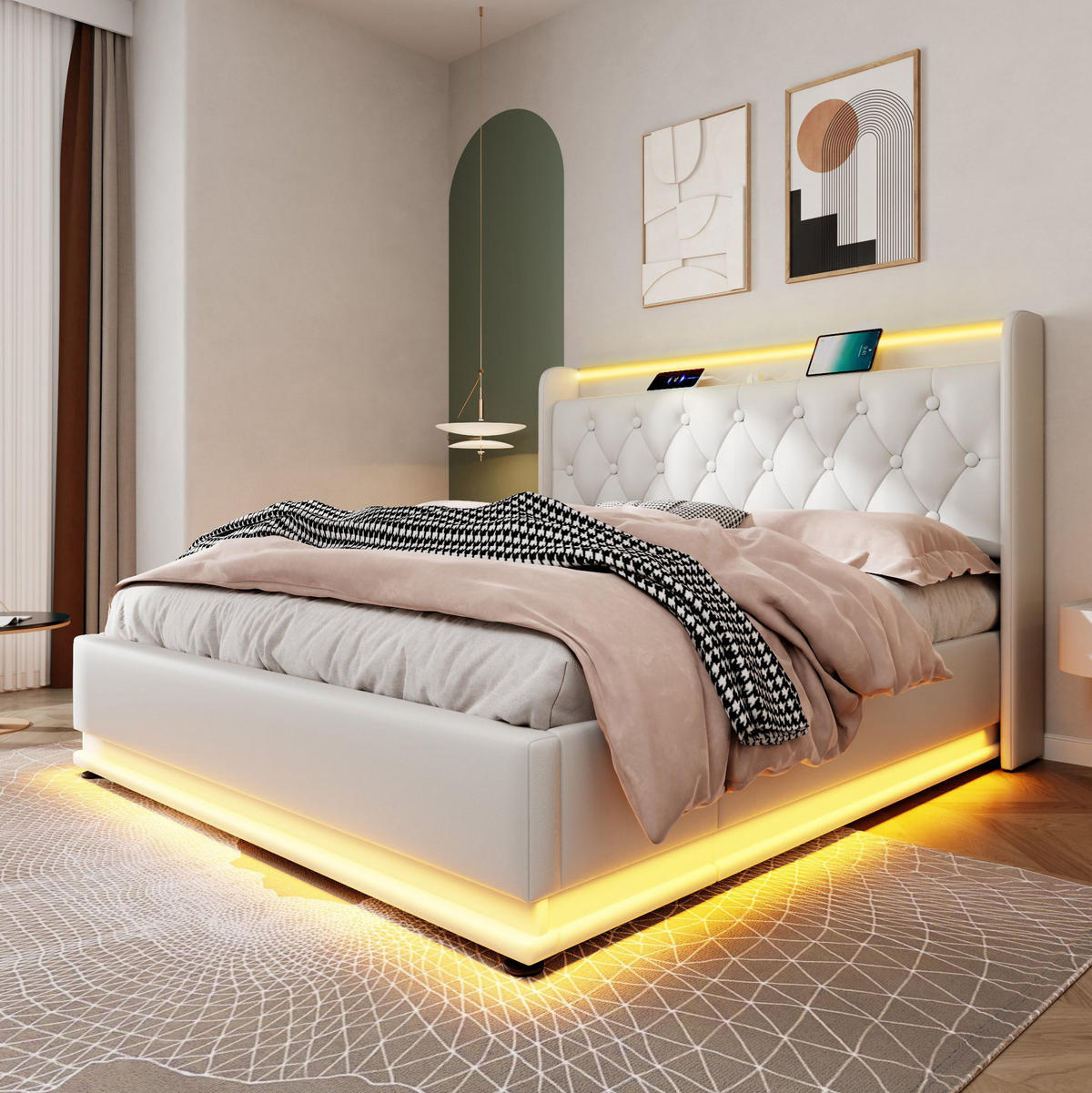 POLSTERBETT aus PU 140x200 cm Weiß mit LED-Beleuchtung, USB-C und Bettkasten - Weiß, Leder (140/200cm) - IVMEU