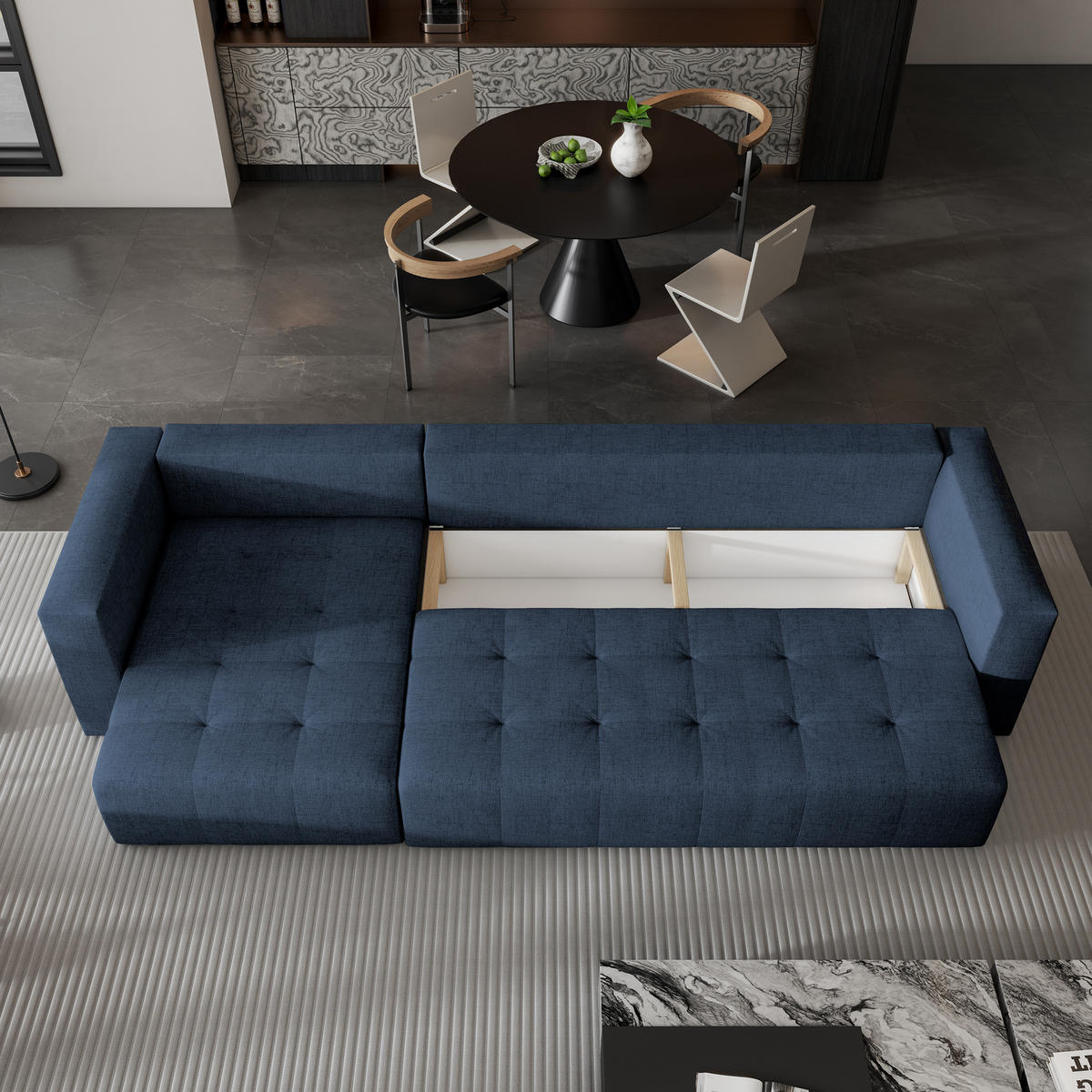 ECKSOFA OLVERA Blau Geflochtener Stoff mit Schlaffunktion - Blau, Holz (347/148cm) - MASSENO