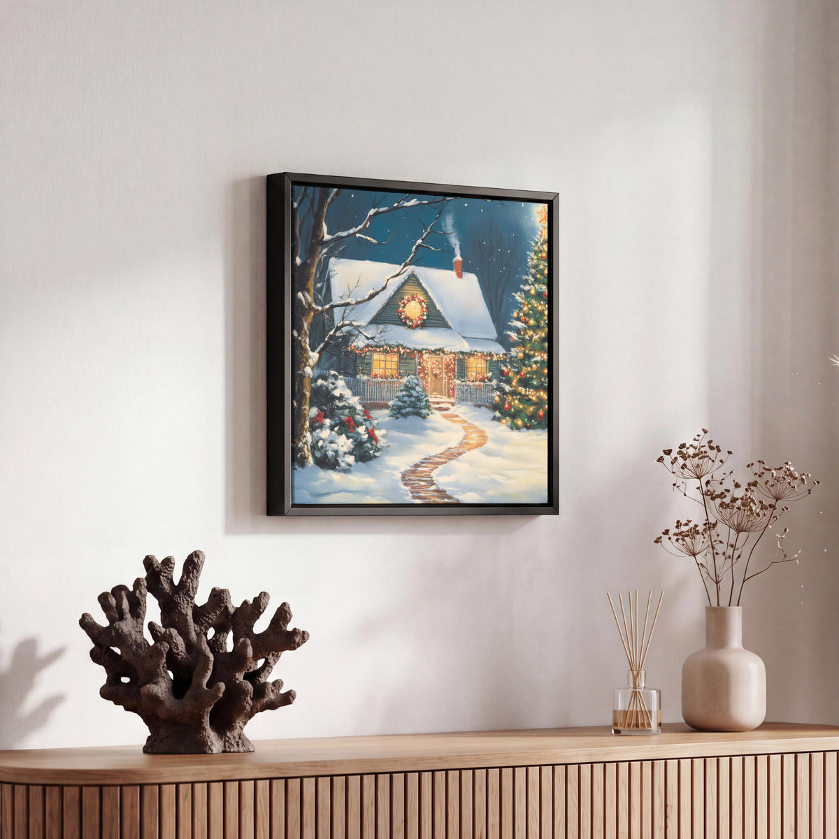LEINWAND Bilder mit Rahmen - Weihnachten - Weihnachtsbaum - Winter - Zuhause - Schnee - 20x20 - Smaragdgrün, Textil (20/20cm) - MuchoWow