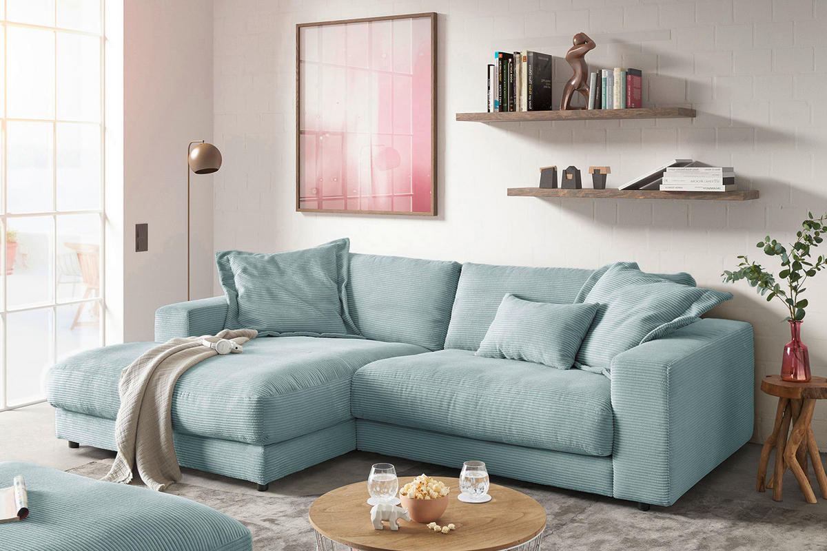 ECKSOFA MADELINE Hellblau Cord - Schwarz/Hellblau, Kunststoff/Textil (270/190cm) - KAWOLA