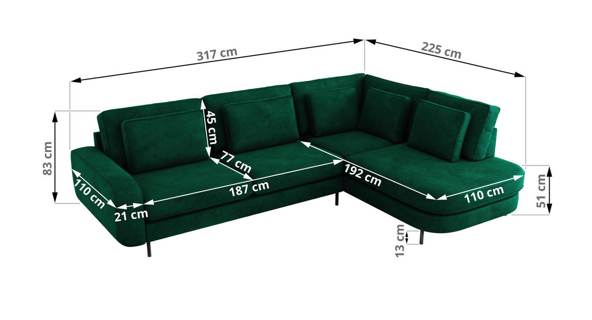 ROHOVÁ SEDAČKA CALENO L - Zelený Samet - Levá Strana - černá/tmavě zelená, kov/textil (317/225cm) - MKS