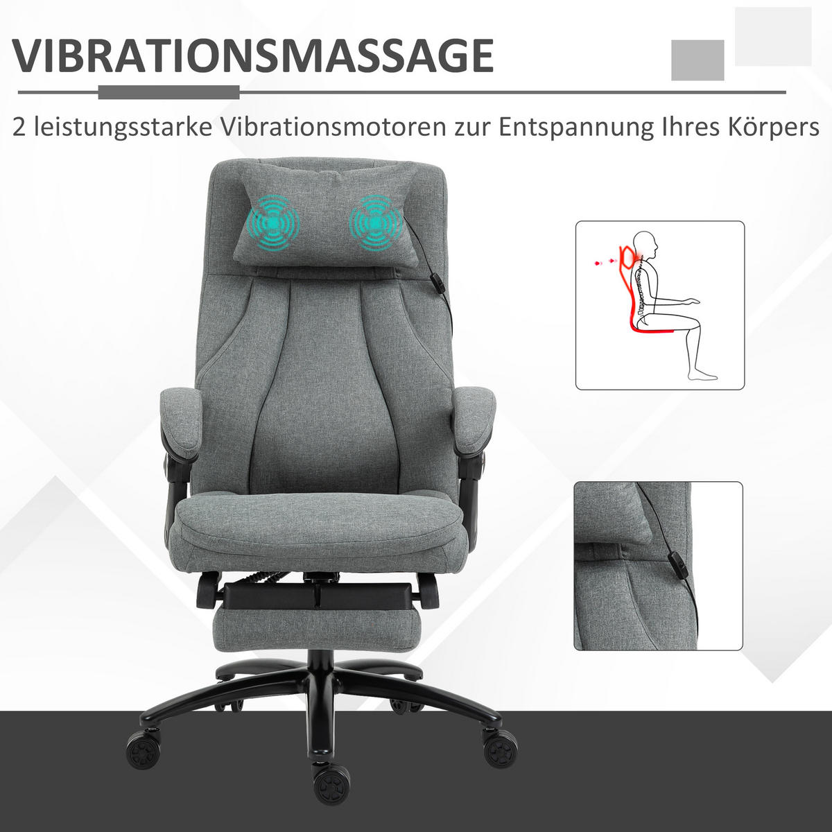 MASSAGEBÜROSTUHL Drehstuhl mit Fußstütze höhenverstellbar Leinen-Gefühl Grau - Grau, Kunststoff (74/117/64cm) - Vinsetto
