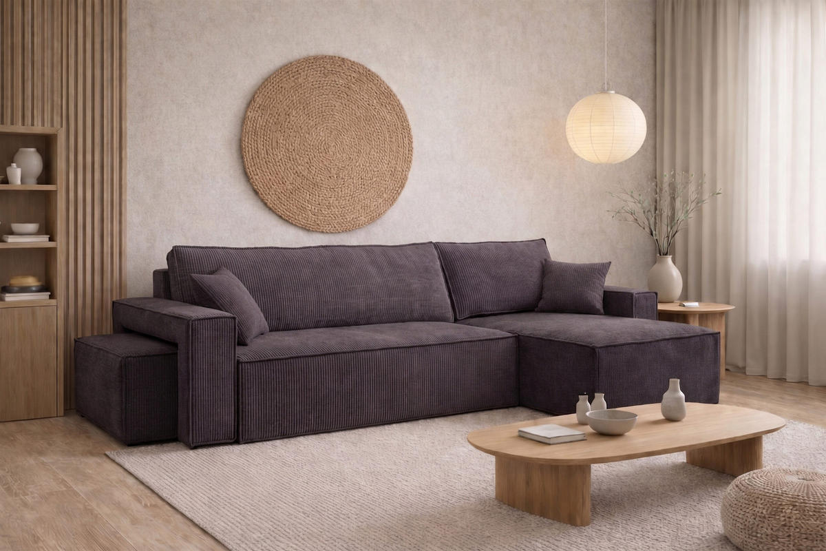 ECKSOFA Mit Schlaffunktion Und Pouf, Cordstoff Poso, Dunkelgrau, Rechts, Best L Mit Pouf - Dunkelgrau, Holz (244/145cm) - Kaiser Möbel