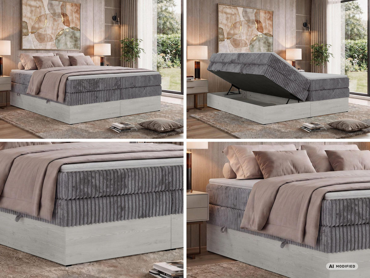 BOXSPRINGBETT NORDIC ZERO KING 200/200 - Grau Cord - Topper T25 - H4 - Schwarz/Grau, Kunststoff/Textil (200/200cm) - MKS