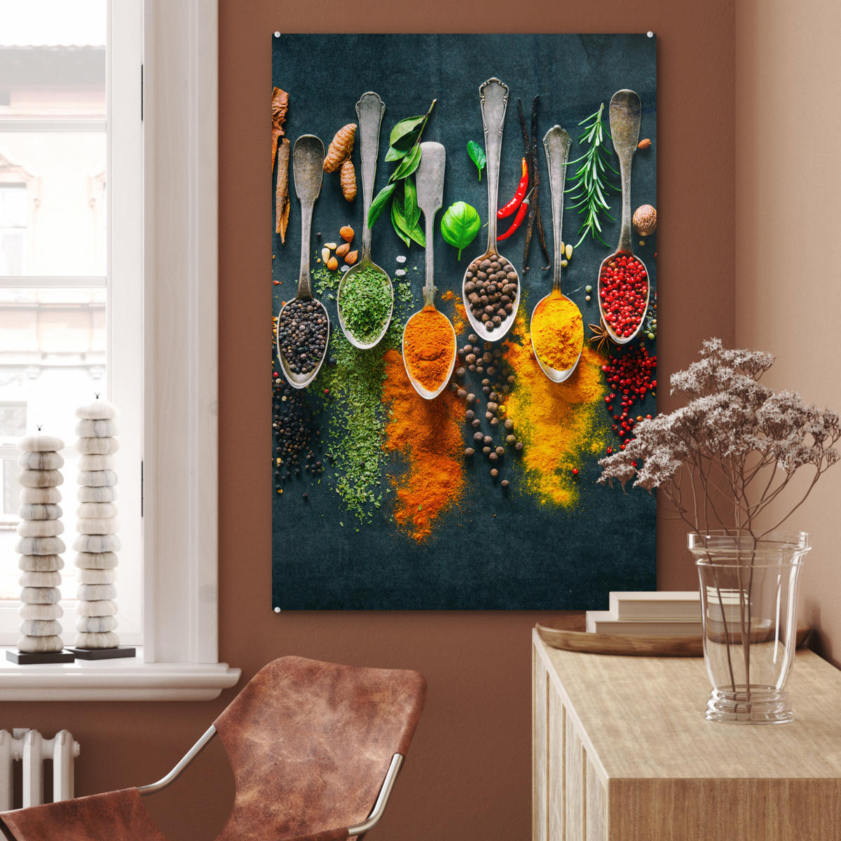ACRYLGLASBILD Kräuter - Gewürze - Löffel 60x90 cm - Currygelb, Glas (60/90cm) - MuchoWow