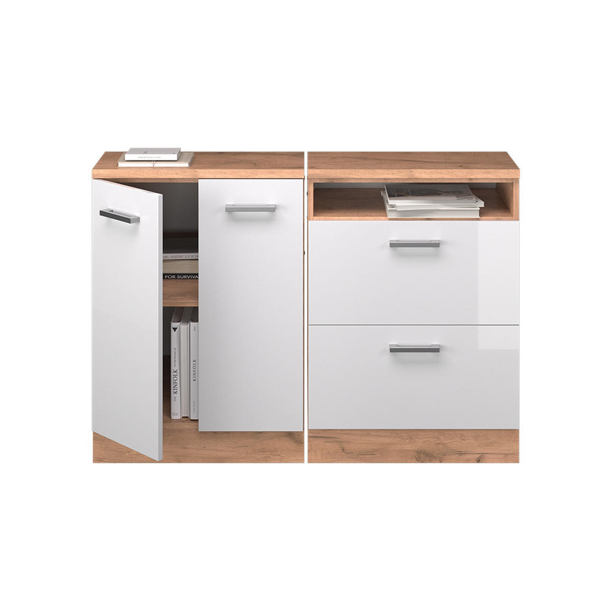 KUHINJSKI ORMAR ZA KOSINE KROVA R-Line Sjajna Bijela 120 cm Set od 2 korpusa ormara, dubina 60 cm - hrast medunac/bijela visoki sjaj, drvni materijal (120/83.8/60cm) - Vicco