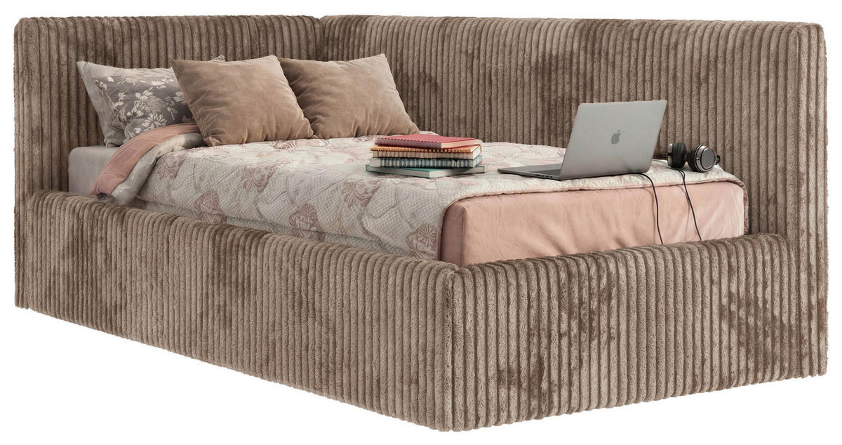 POLSTERBETT TILVO 90/200 - Braun Cord - Taschenfederkernmatratze - Links - Braun, Textil (90/200cm) - MKS