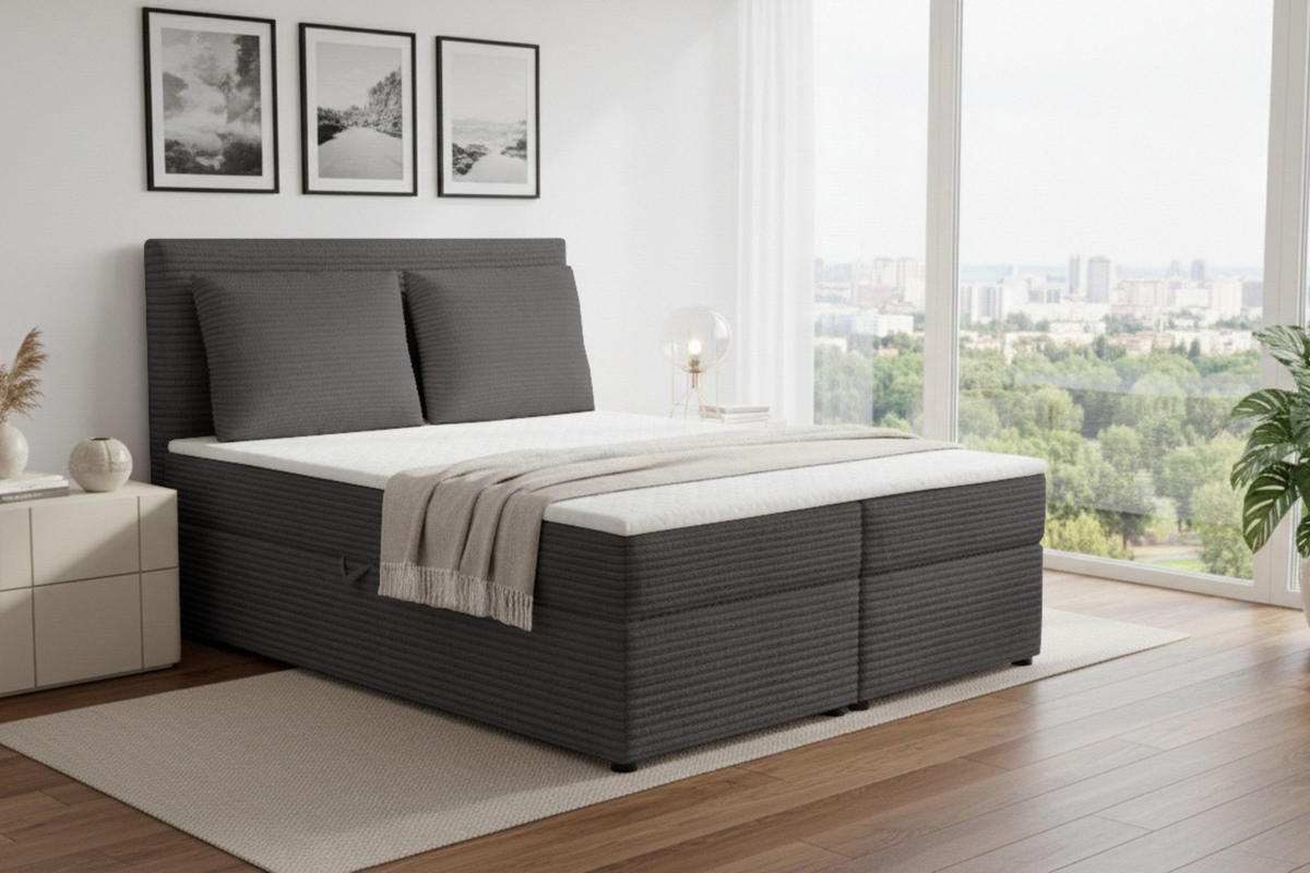 BOXBETT TAMI 120/200 in Cord Anthrazit H3 - Anthrazit, Holz/Holzwerkstoff (140/200cm) - Deine Möbel 24