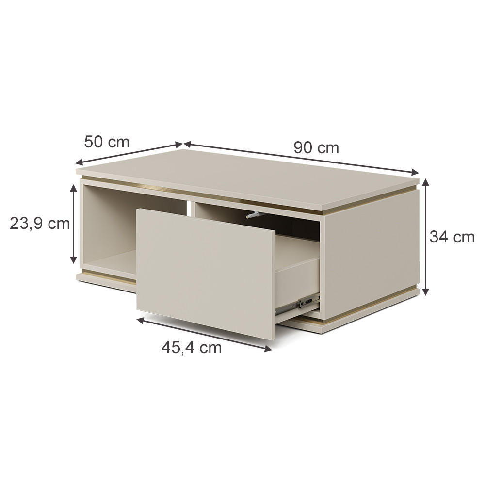 COUCHTISCH Linette Cashmere 90 x 50 cm mit Schublade - Kaschmir/Goldfarben, Holzwerkstoff (50/90/34cm) - Vicco