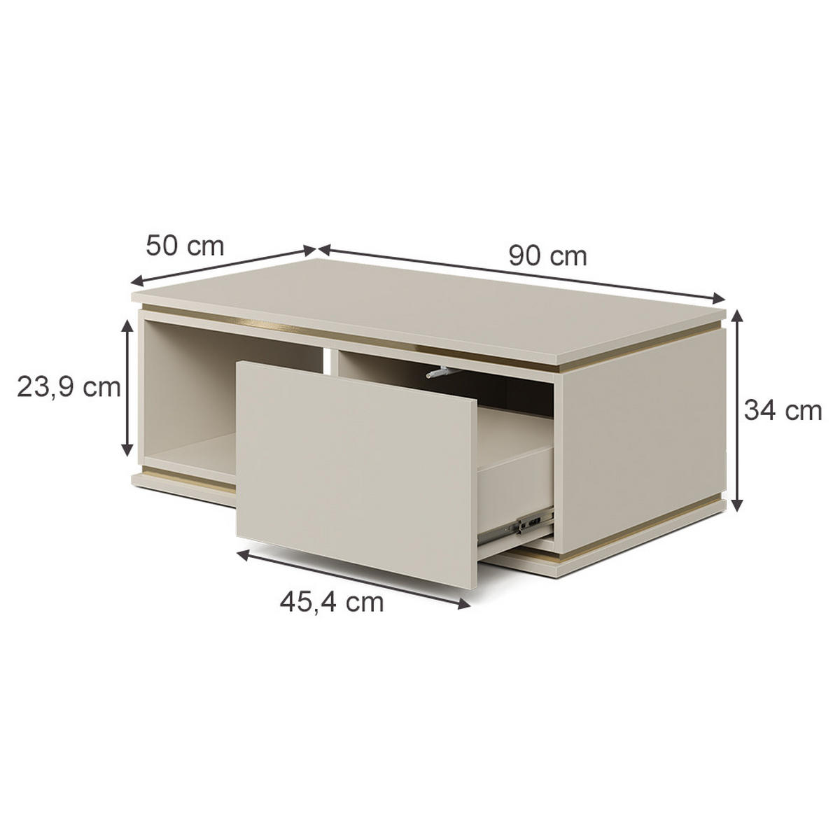 COUCHTISCH Linette Cashmere 90 x 50 cm mit Schublade - Kaschmir/Goldfarben, Holzwerkstoff (50/90/34cm) - Vicco