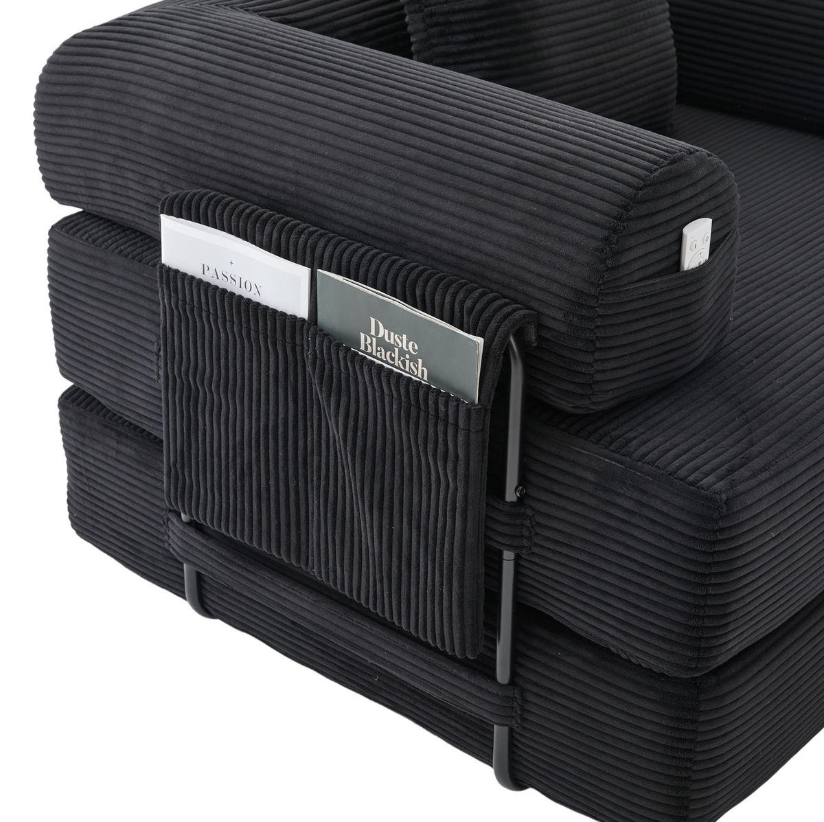 SCHLAFSOFA aus Cord 112x190x67 cm Schwarz mit Hocker, Seitentasche und Kissen - Schwarz, Textil (112/67/190cm) - Modfu