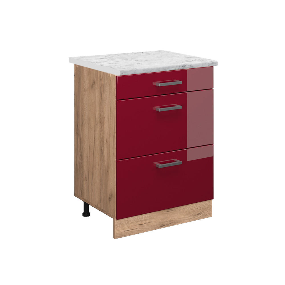 KÜCHENUNTERSCHRANK R-Line Rot Hochglanz 60 cm AP Marmor - Eiche Wotan/Rot, Holzwerkstoff (60/81.6/60cm) - Vicco