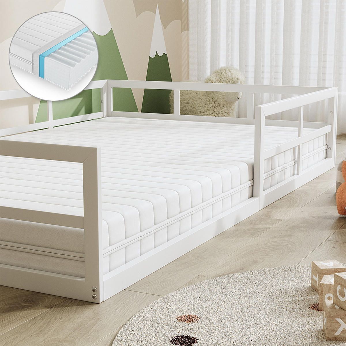 BODENBETT AUS METALL Minno Weiß 120x200 mit Matratze - Weiß, Metall - VitaliSpa