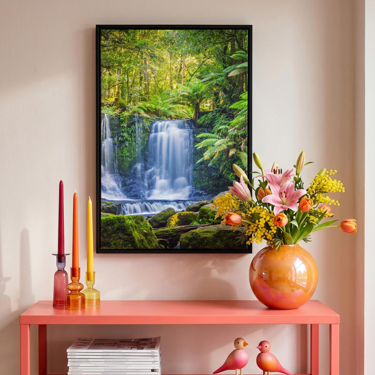 LEINWAND Bilder mit Rahmen - Dschungel - Wasserfall - Australien - Pflanzen - Natur - 40x60 - Dunkelgrün, Textil (40/60cm) - MuchoWow