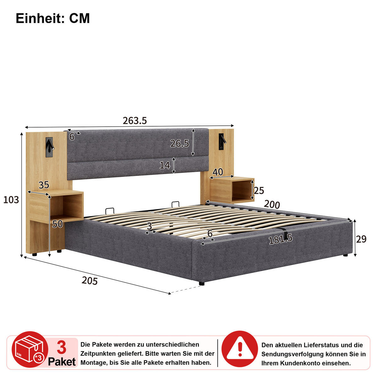 TAPECIRANI KREVET 180/200 cm u sivoj i prirodnoj boji baršuna s prostorom za odlaganje, LED rasvjetom i USB priključkom - siva, drvni materijal/tekstil (180/200cm) - WISHDOR