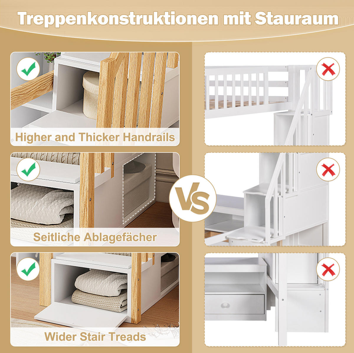HOCHBETT 140/200 cm aus Kiefernholz und MDF mit LED-Beleuchtung, Ablageleiter, Regalen und Schreibtisch, Weiß/Natur - Weiß, Holz (140/200cm) - Redom