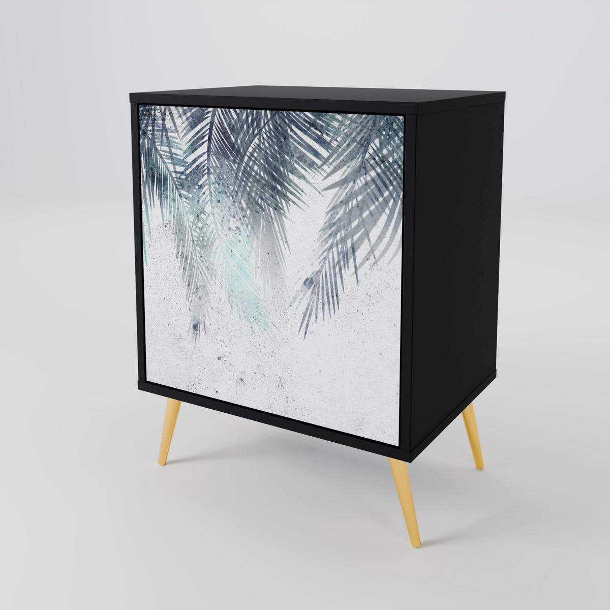 SIDEBOARD PALM VEIL, Schwarz, 57,5x42x67,5 cm, Schwarze Metall-Rahmenfüße - Multicolor/Schwarz, Holzwerkstoff/Metall (57.5/67.5/42cm) - SpaceRebels