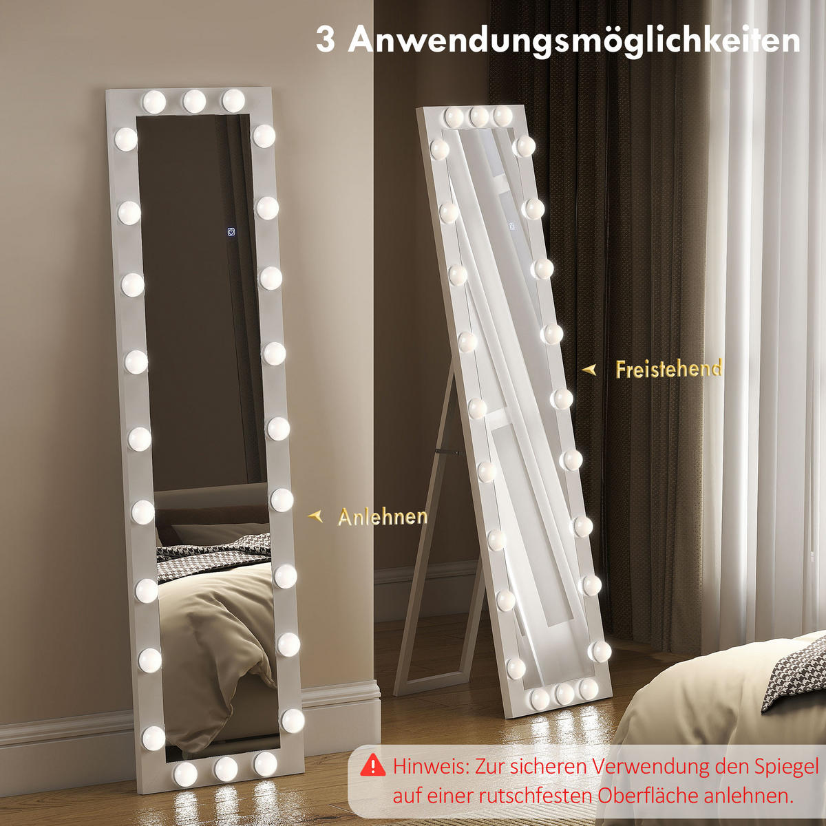 STANDSPIEGEL DE-09886 LED mit 24 Glühbirnen, 3 Lichtfarben Weiß - Weiß, Glas (40/150/4cm) - ComfortXL
