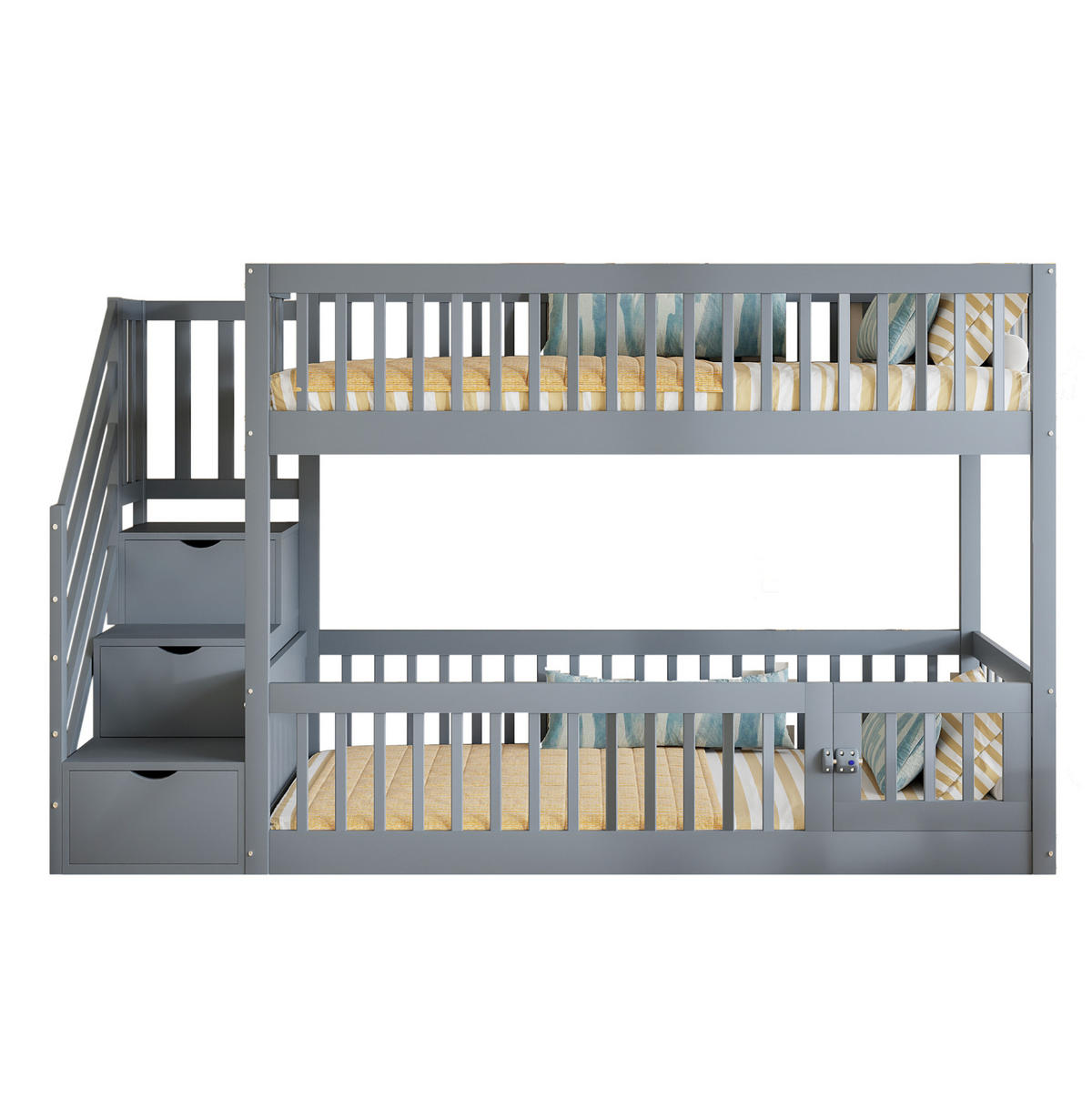 ETAGENBETT Massivholz 90x200 cm Grau mit Stauraumtreppe und Schubladen - Grau, Holz (90/200cm) - Modfu