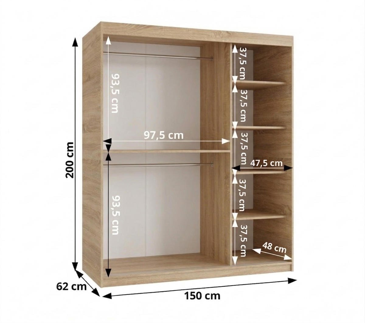SCHIEBETÜRENSCHRANK mit Spiegel SPOTI 200/150/62 2-türig - Silberfarben/Sonoma Eiche, Holz (150/200/62cm) - MÖBEL KRYSPOL
