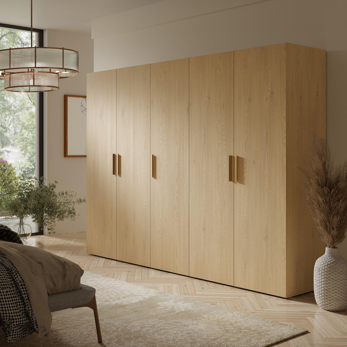 DREHTÜRENSCHRANK Napoli 5D 250 Eiche Cremona (schwarzer oder goldener Griff) - Eichefarben/Silberfarben, Holzwerkstoff/Kunststoff (250/35/60cm) - mzm24