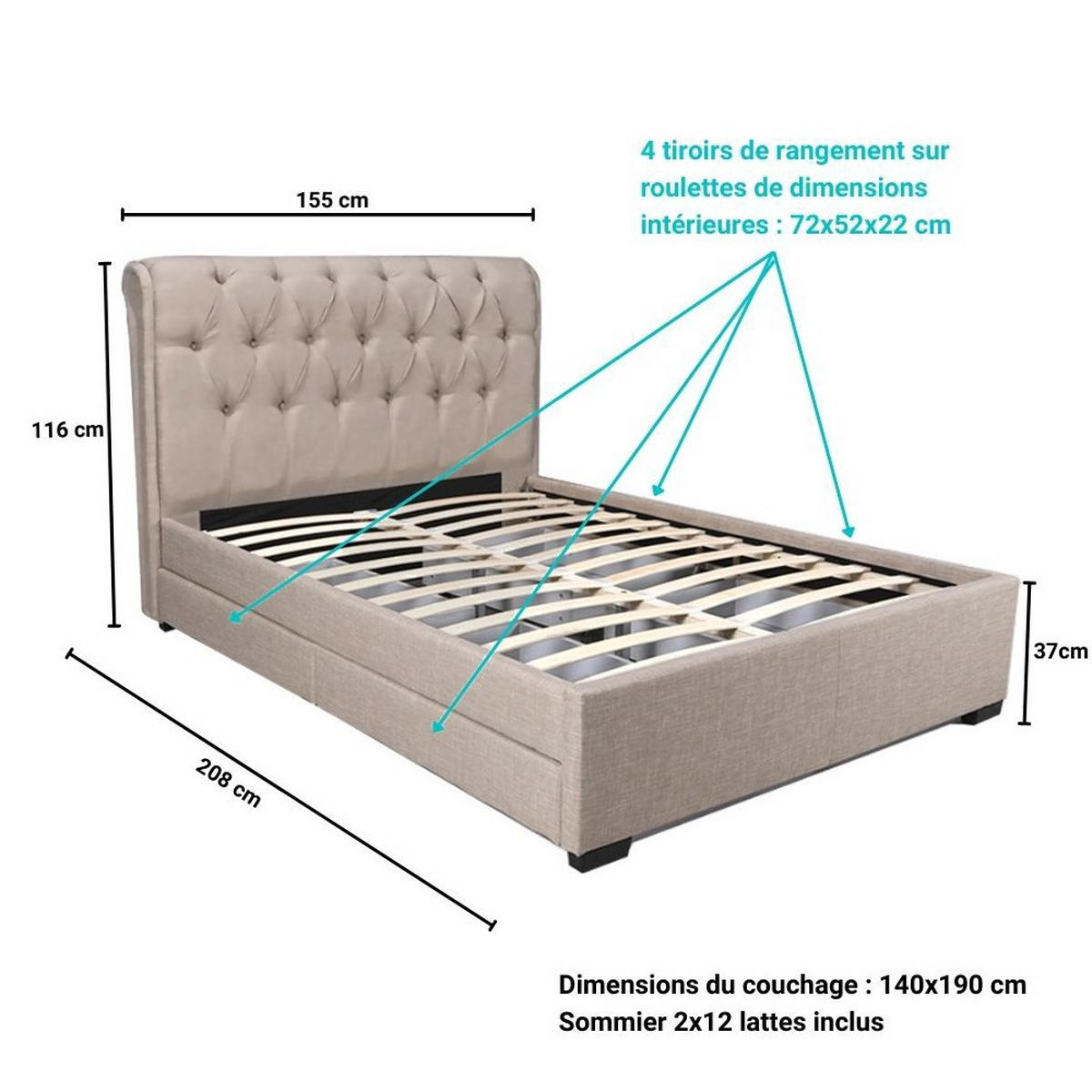POLSTERBETT CHELSEA MIT SCHUBLADEN/ Bett 140x190 - Beige - Beige, Holzwerkstoff (140/190cm) - Weber Industries