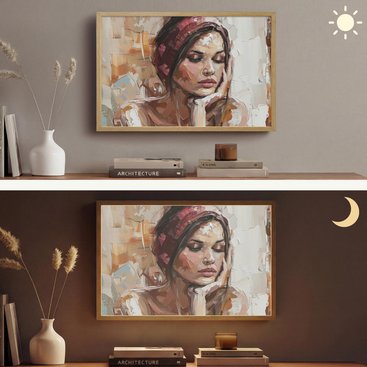 NÁSTĚNNÁ LAMPA S AKUMULÁTOREM Žena - vzhled malby - portrét - moderní 60x40 cm - hnědá, kompozitní dřevo (60/40/8cm) - OnlyWow