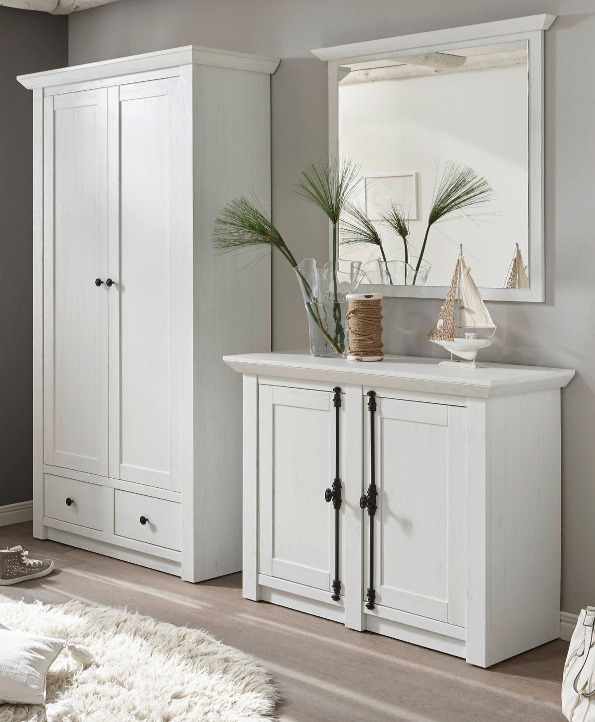 GARDEROBE Pinie weiß Set 3-teilig 220 cm, Komplettset Landhaus - Schwarz/Weiß, Glas/Holzwerkstoff (220/206/45cm) - Furn.Design