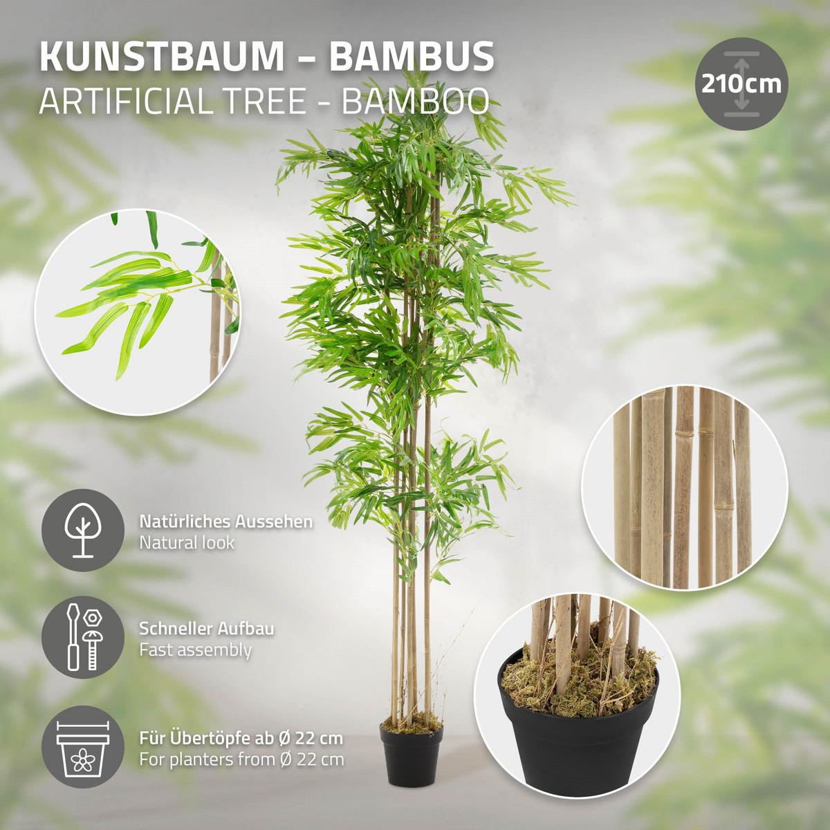 KUNSTPFLANZE Bambus - Anthrazit/Grün, Holz/Kunststoff (210cm) - ML-DESIGN